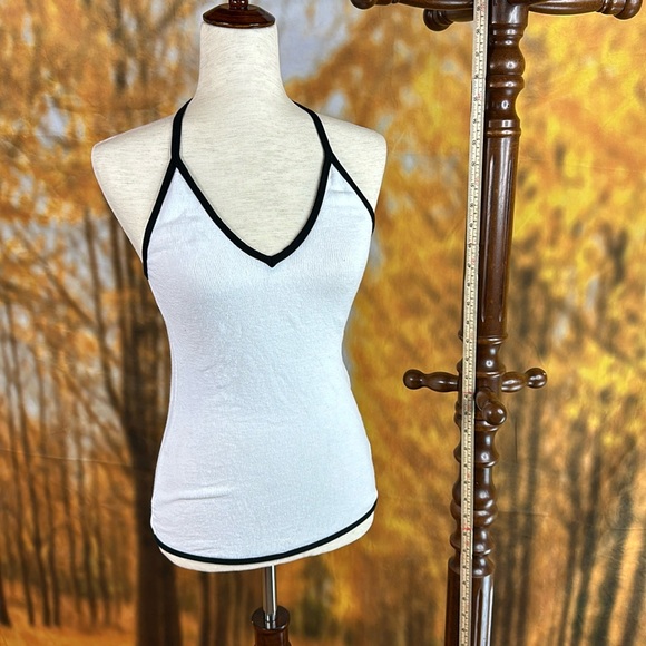 KD Dance backless halter top - white with black edging. Striking lines! - Picture 1 of 7